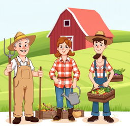 A group of simple and relatable farmer characters, each uniquely designed, engaging with traditional farming tools