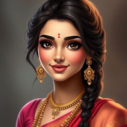 A depiction of Radha Rani, the beautiful and radiant goddess from Hindu art, with a heart-shaped, serene, and gentle face showcasing a smooth, radiant complexion