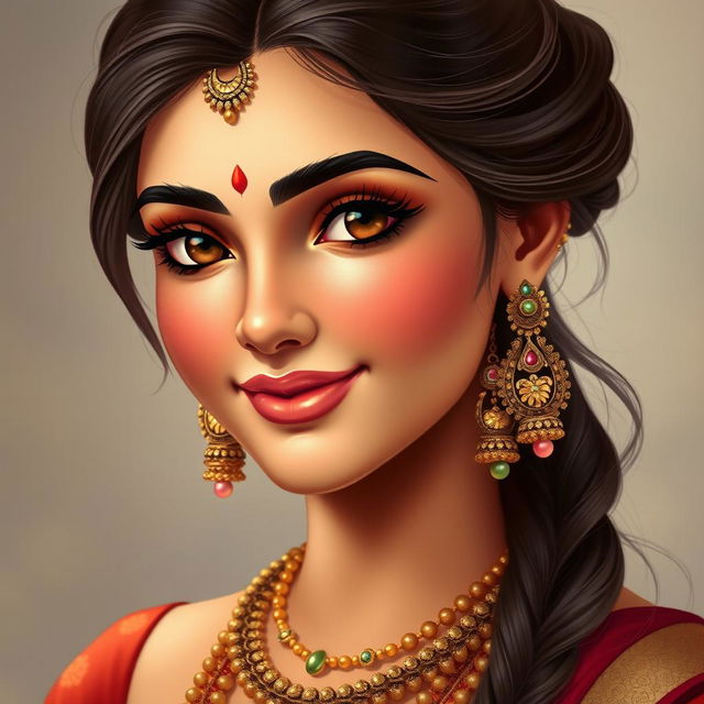 A depiction of Radha Rani, the beautiful and radiant goddess from Hindu art, with a heart-shaped, serene, and gentle face showcasing a smooth, radiant complexion