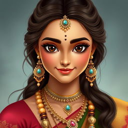 A depiction of Radha Rani, the beautiful and radiant goddess from Hindu art, with a heart-shaped, serene, and gentle face showcasing a smooth, radiant complexion