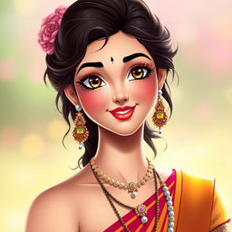 A depiction of Radha Rani, the beautiful and radiant goddess from Hindu art, with a heart-shaped, serene, and gentle face showcasing a smooth, radiant complexion