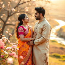 A romantic desi couple in a beautiful outdoor setting, surrounded by blooming flowers and softly swaying trees