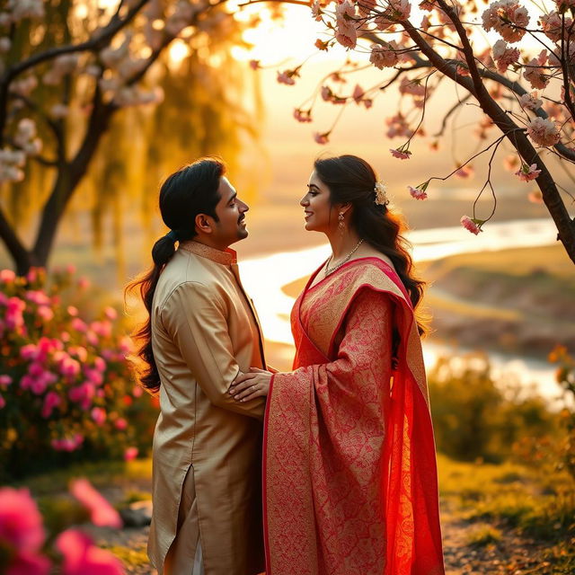 A romantic desi couple in a beautiful outdoor setting, surrounded by blooming flowers and softly swaying trees