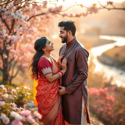 A romantic desi couple in a beautiful outdoor setting, surrounded by blooming flowers and softly swaying trees