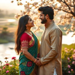 A romantic desi couple in a beautiful outdoor setting, surrounded by blooming flowers and softly swaying trees