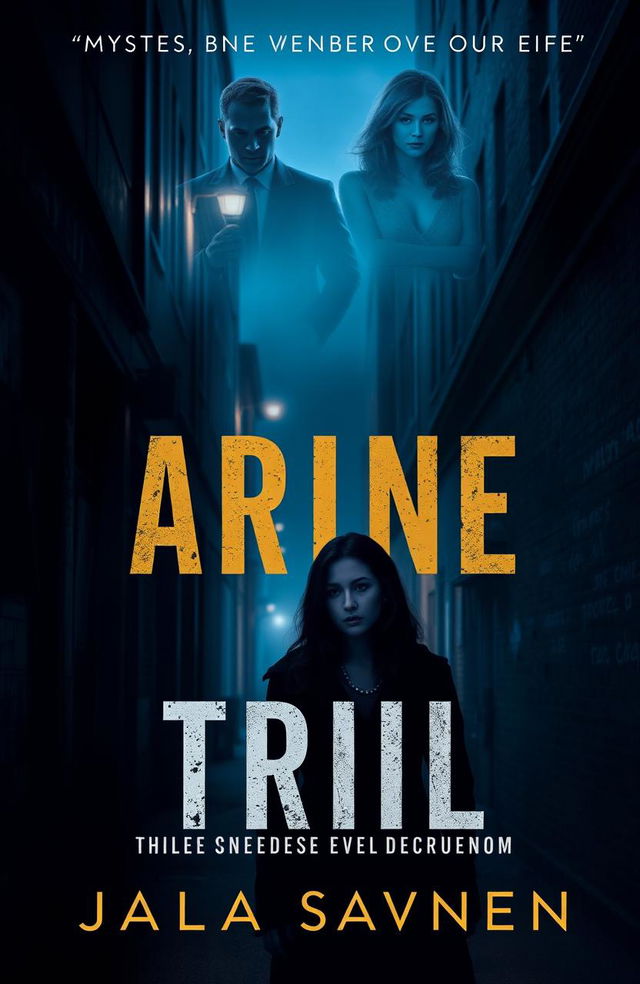 A captivating book cover for a mystery novel, depicting a shadowed figure of a woman standing in a dark, moody urban alley, her expression a mix of confusion and determination