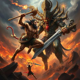 A stunning, hyper-detailed digital painting of an epic battle between Lord Hanuman and Ravana
