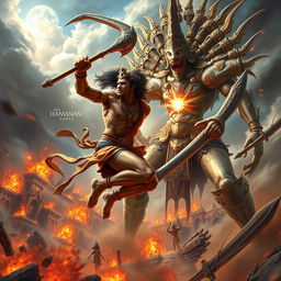 A stunning, hyper-detailed digital painting of an epic battle between Lord Hanuman and Ravana