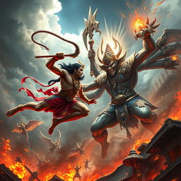 A stunning, hyper-detailed digital painting of an epic battle between Lord Hanuman and Ravana