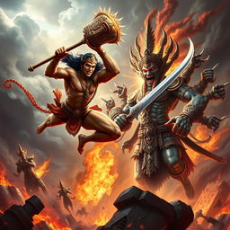 A stunning, hyper-detailed digital painting of an epic battle between Lord Hanuman and Ravana