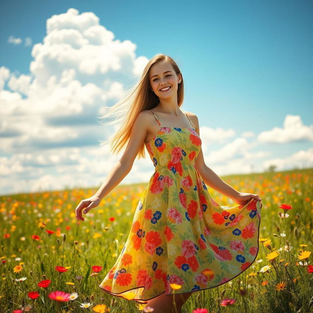 A beautiful young woman with long flowing hair, wearing a vibrant summer dress, standing in a sunlit meadow filled with colorful wildflowers