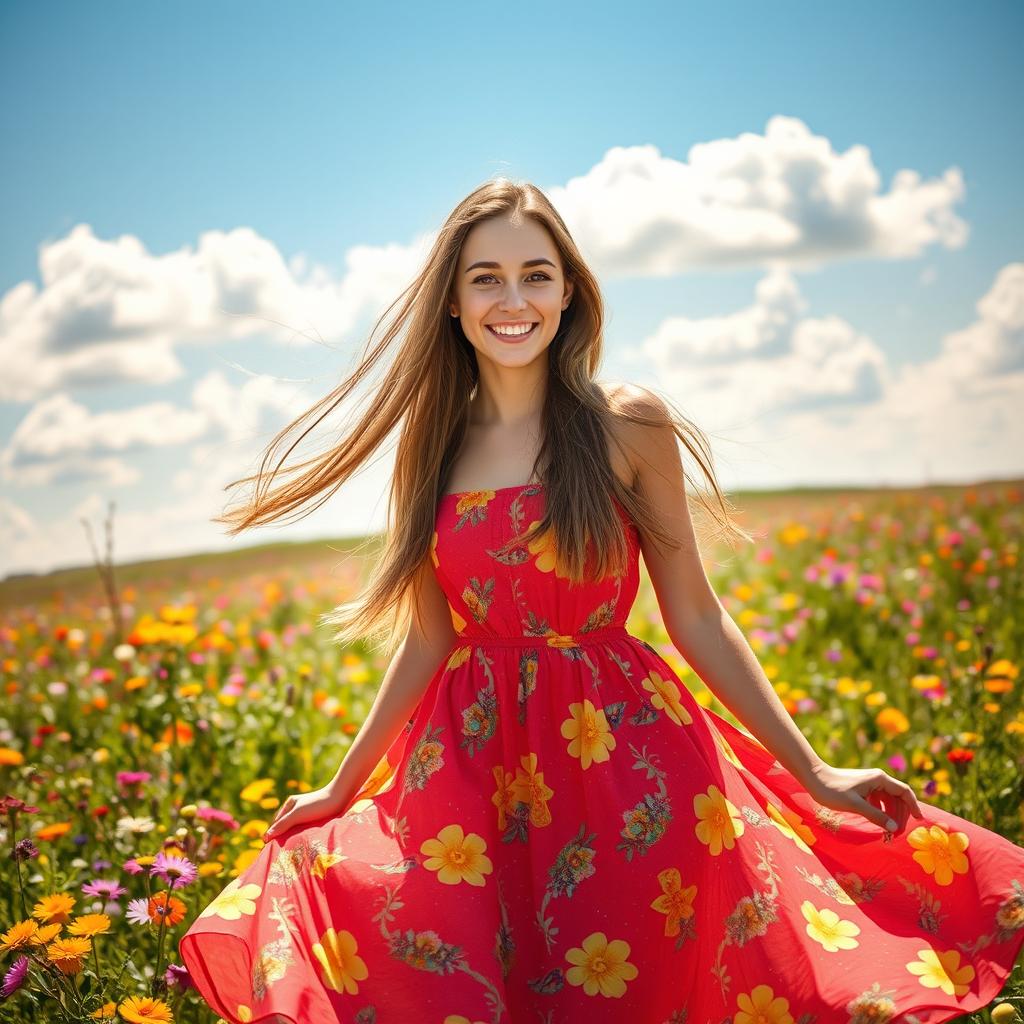 A beautiful young woman with long flowing hair, wearing a vibrant summer dress, standing in a sunlit meadow filled with colorful wildflowers