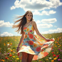 A beautiful young woman with long flowing hair, wearing a vibrant summer dress, standing in a sunlit meadow filled with colorful wildflowers