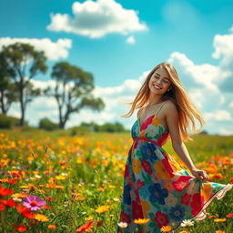 A beautiful young woman with long flowing hair, wearing a vibrant summer dress, standing in a sunlit meadow filled with colorful wildflowers