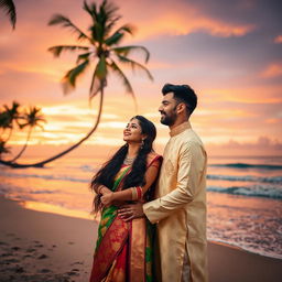 A romantic Indian couple sharing an intimate moment on a picturesque sunset beach, dressed in elegant traditional Indian attire, such as a vibrant lehenga and a stylish kurta