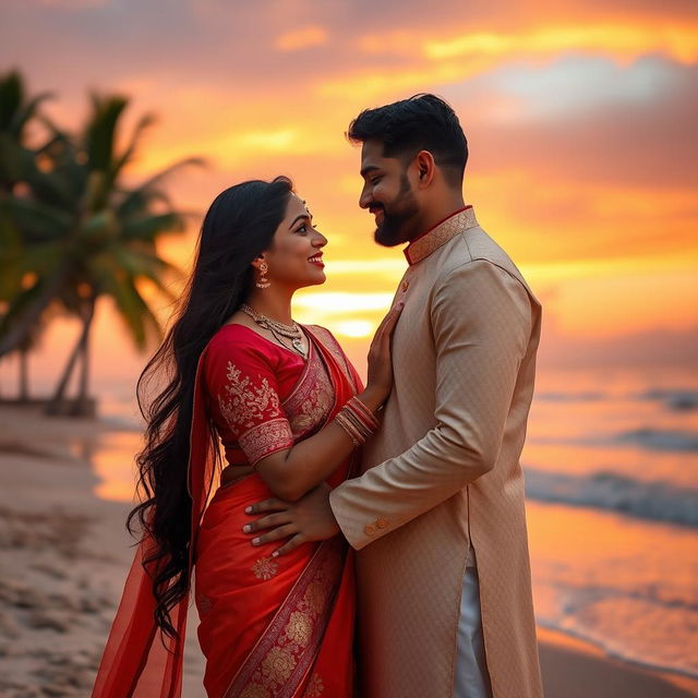 A romantic Indian couple sharing an intimate moment on a picturesque sunset beach, dressed in elegant traditional Indian attire, such as a vibrant lehenga and a stylish kurta