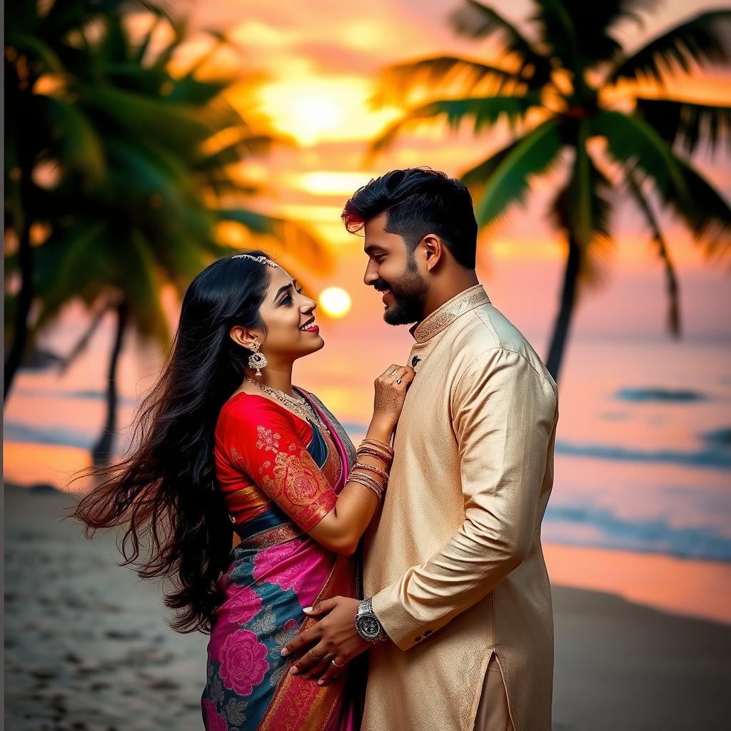 A romantic Indian couple sharing an intimate moment on a picturesque sunset beach, dressed in elegant traditional Indian attire, such as a vibrant lehenga and a stylish kurta