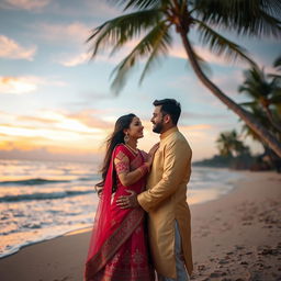 A romantic Indian couple sharing an intimate moment on a picturesque sunset beach, dressed in elegant traditional Indian attire, such as a vibrant lehenga and a stylish kurta