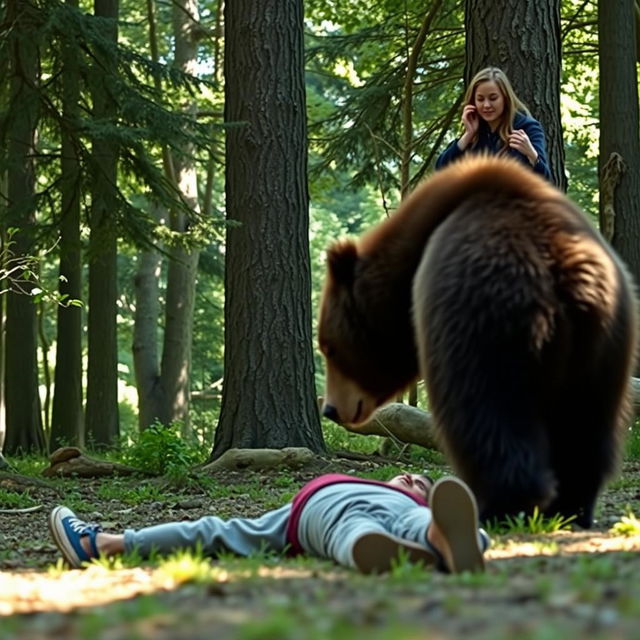 A scene in a forest where a large, majestic bear is turning and walking away after curiously sniffing a person lying on the ground