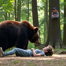 A scene in a forest where a large, majestic bear is turning and walking away after curiously sniffing a person lying on the ground