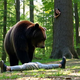 A scene in a forest where a large, majestic bear is turning and walking away after curiously sniffing a person lying on the ground