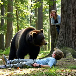 A scene in a forest where a large, majestic bear is turning and walking away after curiously sniffing a person lying on the ground