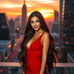 A sexy girl with long flowing hair, wearing a form-fitting red dress that accentuates her curves, standing confidently with a playful smile