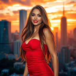 A sexy girl with long flowing hair, wearing a form-fitting red dress that accentuates her curves, standing confidently with a playful smile