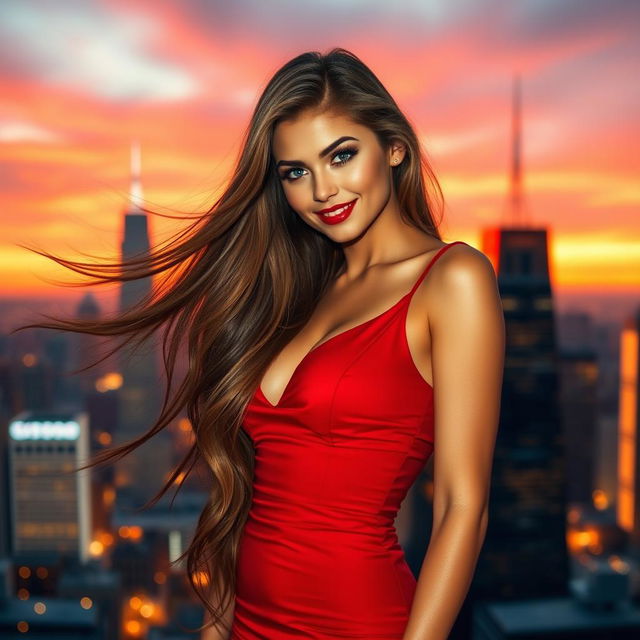 A sexy girl with long flowing hair, wearing a form-fitting red dress that accentuates her curves, standing confidently with a playful smile