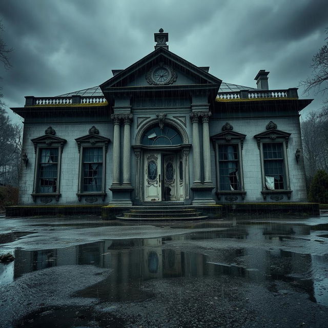 An old, dilapidated mansion with broken doors and windows, standing in the rain