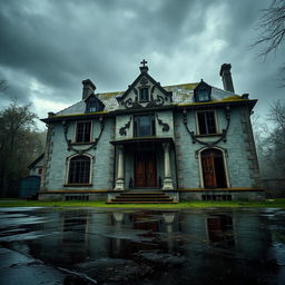 An old, dilapidated mansion with broken doors and windows, standing in the rain