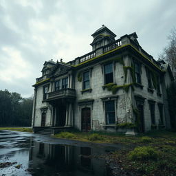 An old, dilapidated mansion with broken doors and windows, standing in the rain