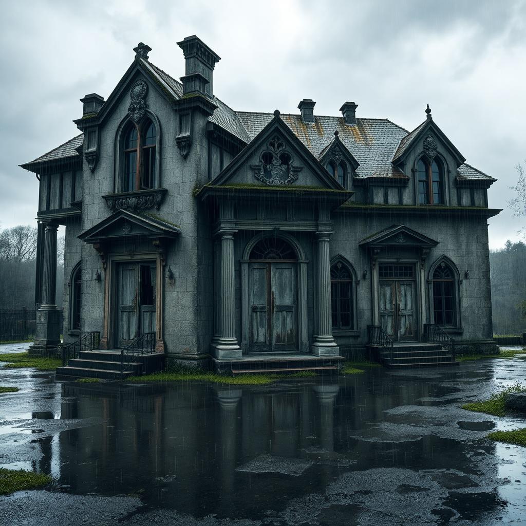 An old, dilapidated mansion with broken doors and windows, standing in the rain