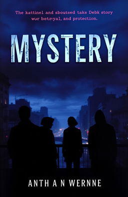 A captivating mystery book cover featuring a shadowy and intriguing urban landscape at dusk