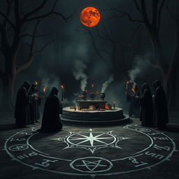 An ominous and atmospheric scene depicting a dark demonic ritual taking place in a shadowy forest clearing