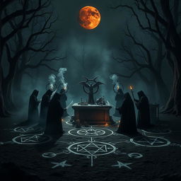 An ominous and atmospheric scene depicting a dark demonic ritual taking place in a shadowy forest clearing