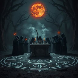 An ominous and atmospheric scene depicting a dark demonic ritual taking place in a shadowy forest clearing