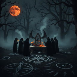 An ominous and atmospheric scene depicting a dark demonic ritual taking place in a shadowy forest clearing