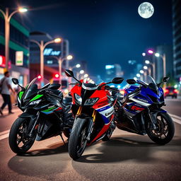 A dramatic night scene featuring a Kawasaki ZX10R, a BMW S1000 RR, and a Suzuki Hayabusa parked side by side on a city street