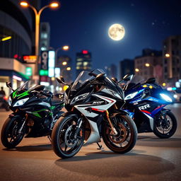 A dramatic night scene featuring a Kawasaki ZX10R, a BMW S1000 RR, and a Suzuki Hayabusa parked side by side on a city street