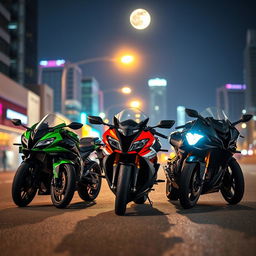 A dramatic night scene featuring a Kawasaki ZX10R, a BMW S1000 RR, and a Suzuki Hayabusa parked side by side on a city street