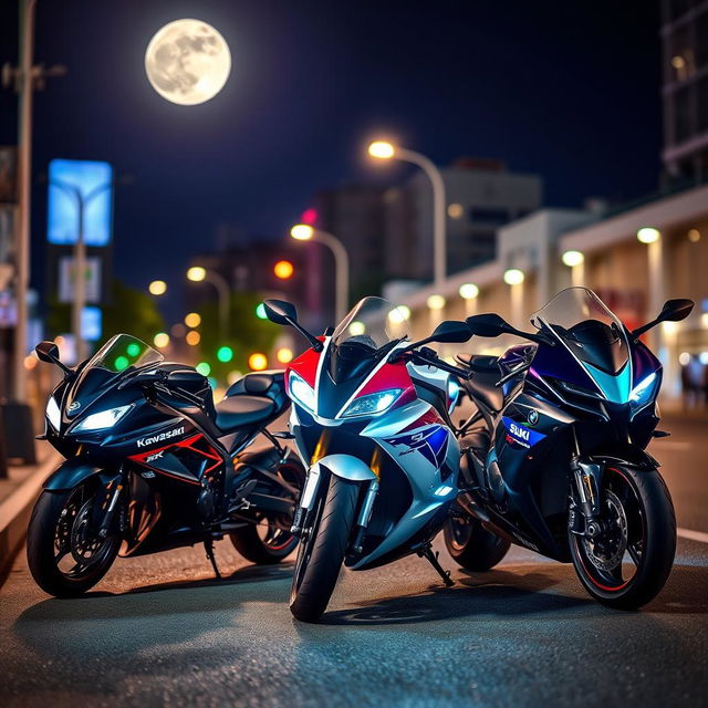 A dramatic night scene featuring a Kawasaki ZX10R, a BMW S1000 RR, and a Suzuki Hayabusa parked side by side on a city street