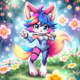 A furry femboy character with vibrant, colorful fur, dressed in a stylish, form-fitting outfit that accentuates their playful and confident personality