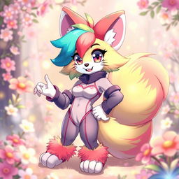 A furry femboy character with vibrant, colorful fur, dressed in a stylish, form-fitting outfit that accentuates their playful and confident personality