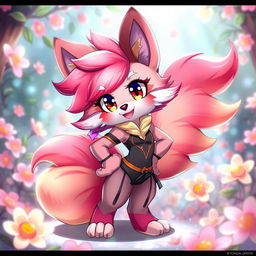 A furry femboy character with vibrant, colorful fur, dressed in a stylish, form-fitting outfit that accentuates their playful and confident personality
