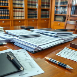 A lawyer's desk cluttered with files and cases of clients, with business cards neatly stacked, a sleek pen lying beside the documents, and an open receipt visible on the desk surface