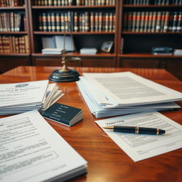A lawyer's desk cluttered with files and cases of clients, with business cards neatly stacked, a sleek pen lying beside the documents, and an open receipt visible on the desk surface