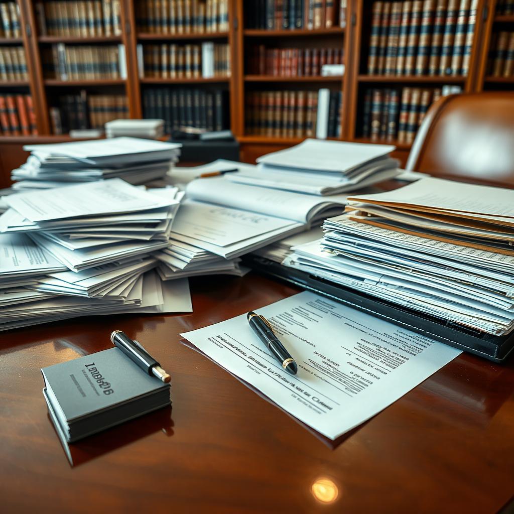A lawyer's desk cluttered with files and cases of clients, with business cards neatly stacked, a sleek pen lying beside the documents, and an open receipt visible on the desk surface