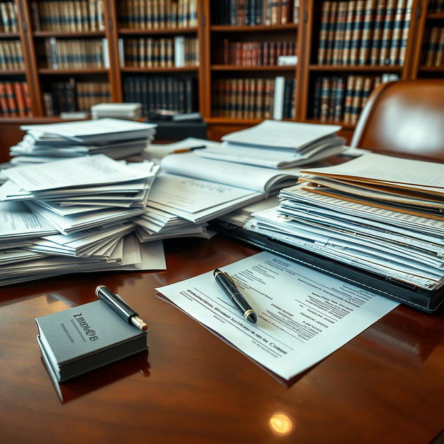 A lawyer's desk cluttered with files and cases of clients, with business cards neatly stacked, a sleek pen lying beside the documents, and an open receipt visible on the desk surface