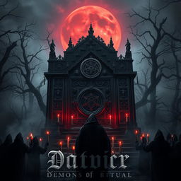 An evocative album cover design for dark demonic ritual music, featuring a chilling and immersive scene